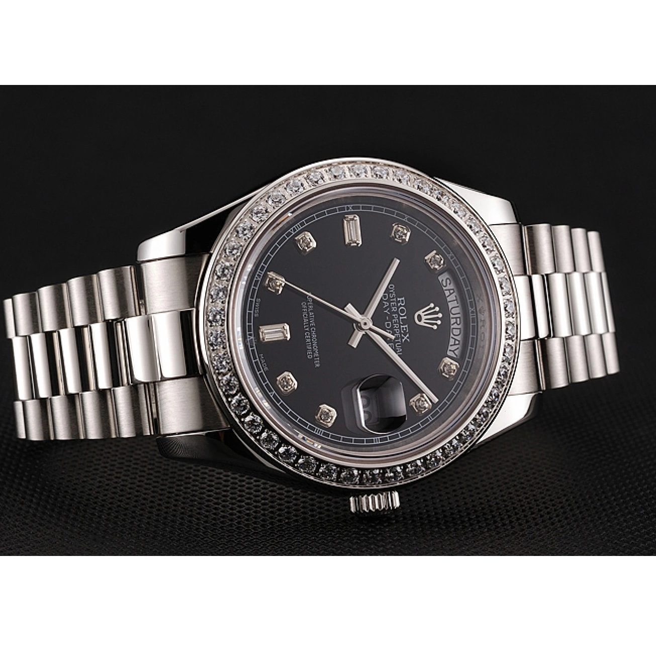 Aaa replica watch 1453966 Day-Date Dial Case Rolex Swiss Steel Diamond Numerals Black Diamond Stainless Bracelet 0820